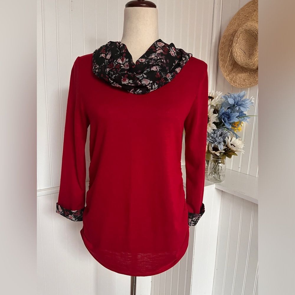 Red Ruched Blouse With Floral Infinity Scarf